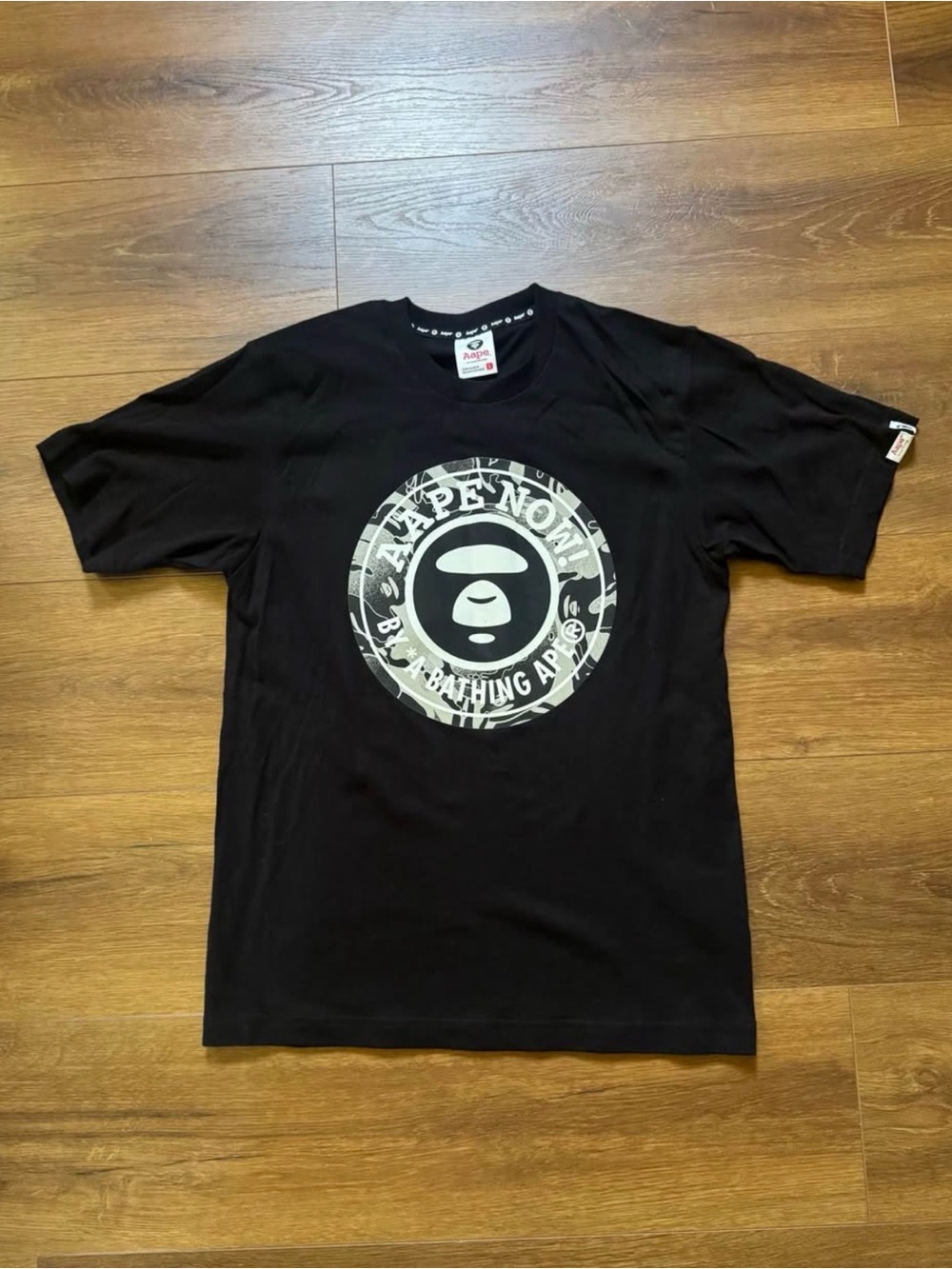 Bape Black Tee with Grey White Circular Ape Logo